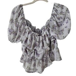 Lumiere Top Lavender Floral Ruched Peasant Cottagecore Milkmaid Size Medium
